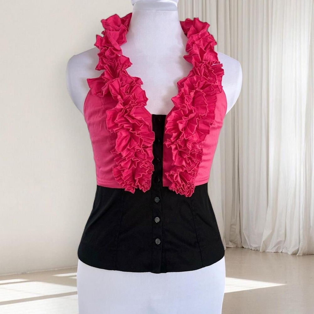 BEBE Y2k Pink Black Ruffle Halter Top Button Front Smocked Back Fuchsia Berry